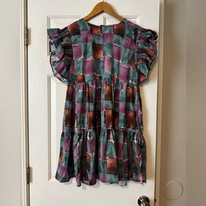 NWT Briton Court Abstract Watercolor Mini Dress XS Ruffle Sleeve Teal Purple